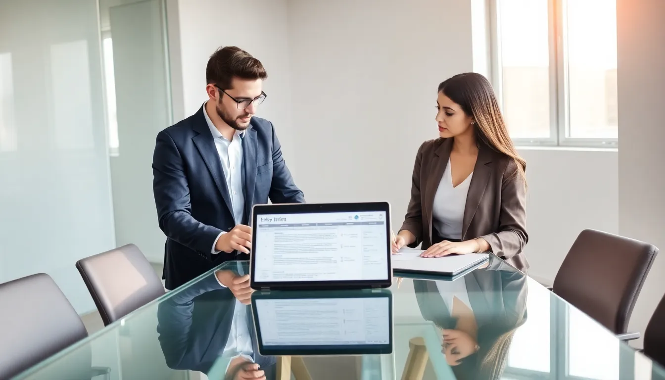 parents discussing a shared parenting plan in a modern office.