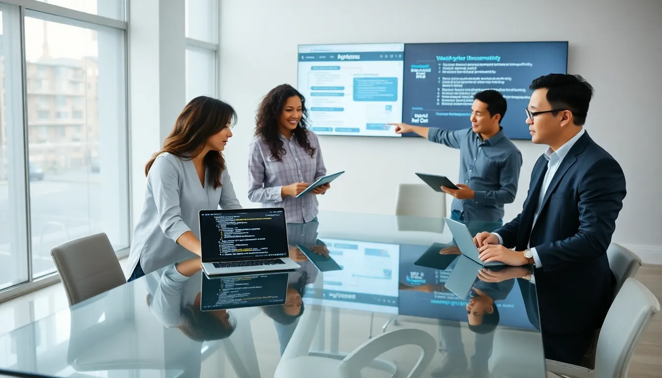 team discussing legacy system challenges in a modern office.