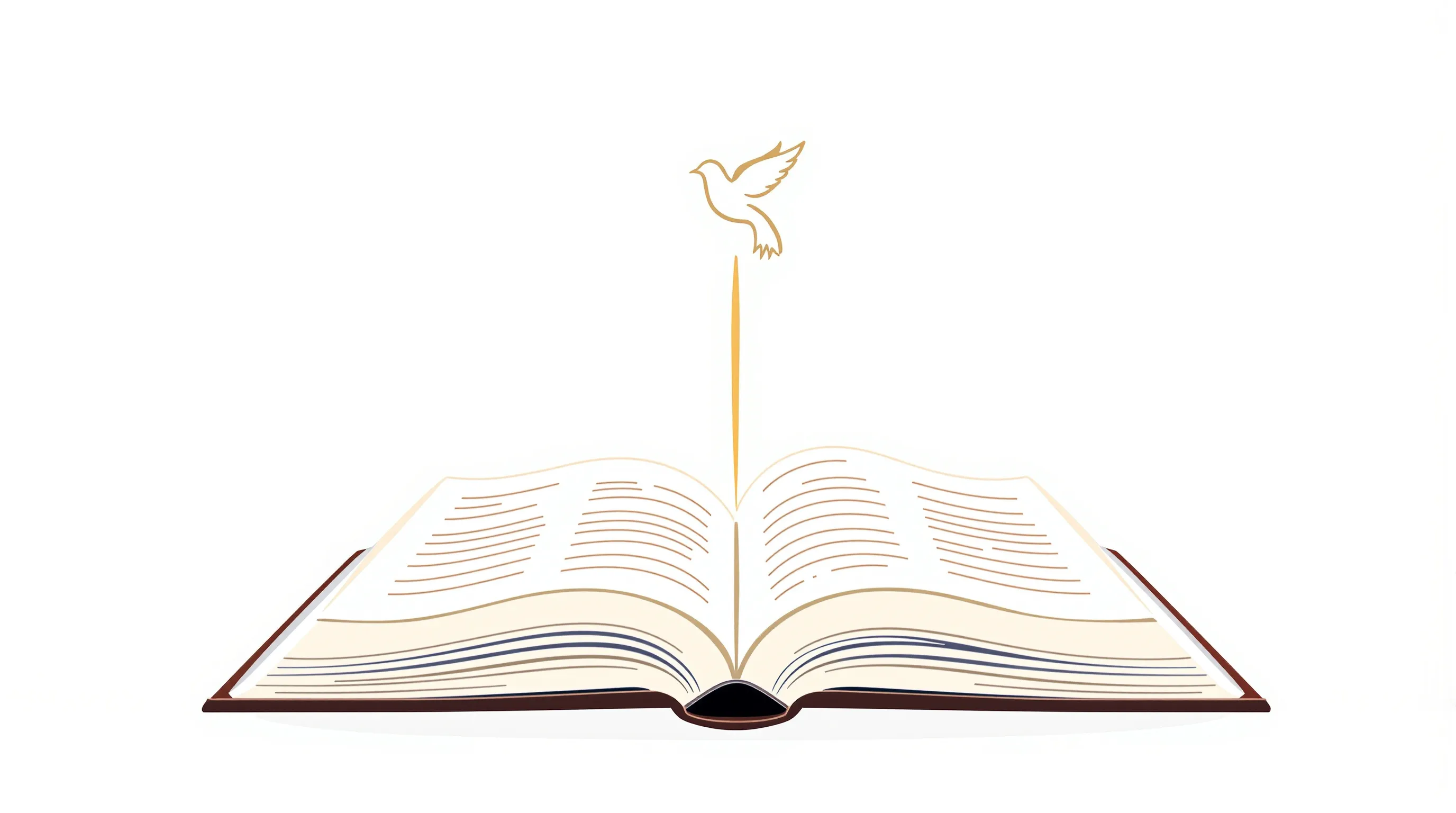 Open Bible with golden light ray and dove silhouette on white background.