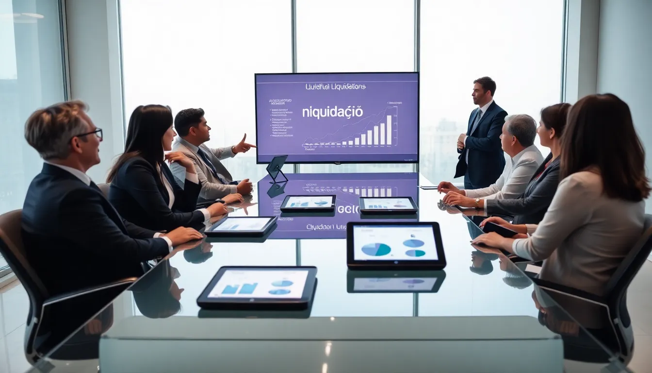 diverse team discussing liquidation strategies in a modern office.