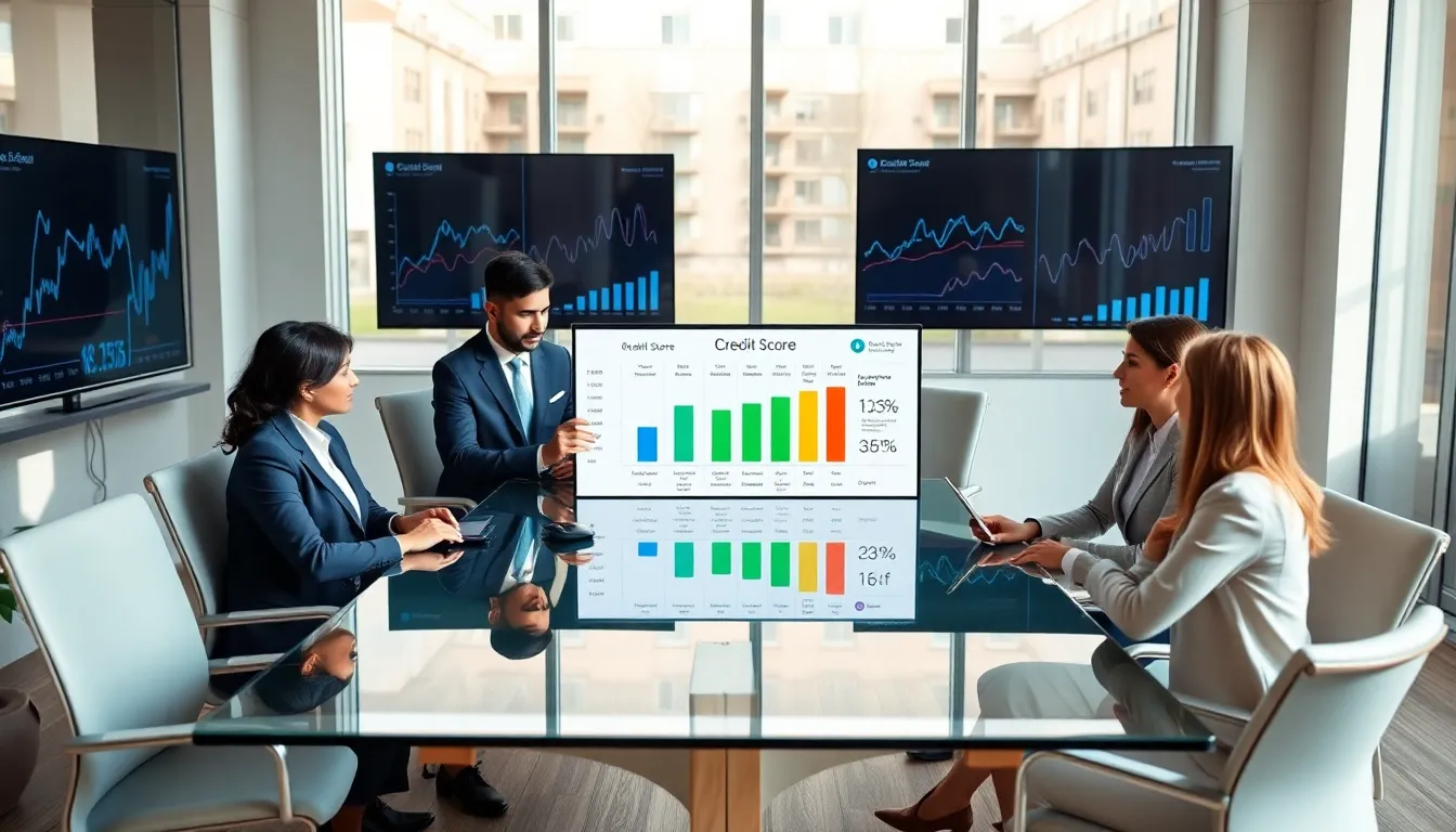 diverse financial advisors discussing credit scores in a modern office.