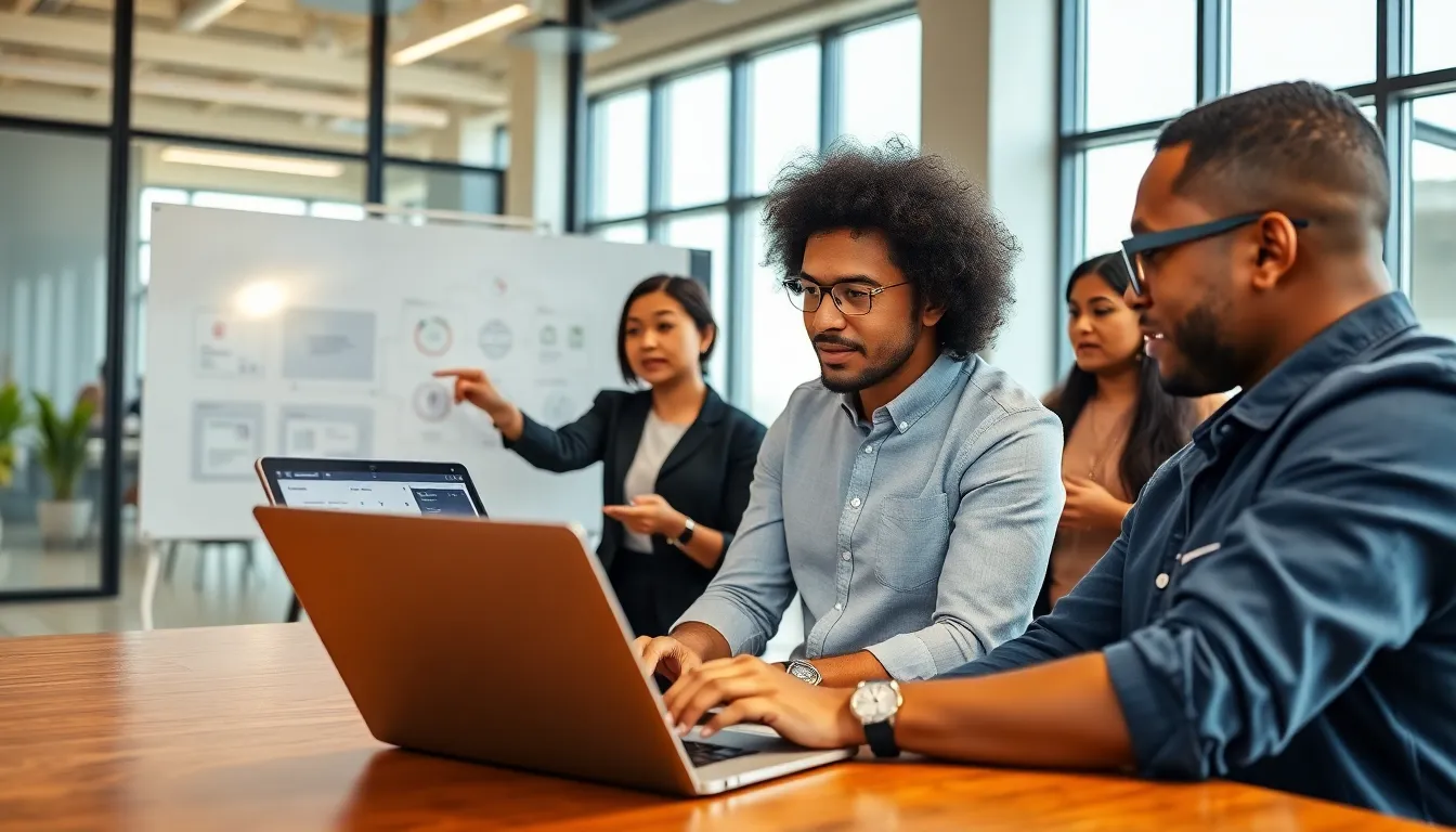 diverse team collaborating on low code development in a modern office.