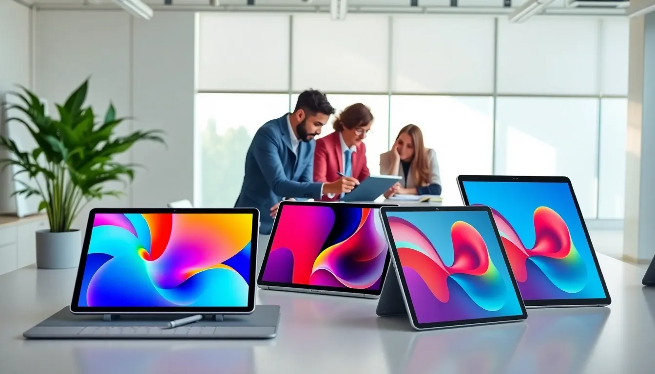 a diverse group of professionals collaborating with Samsung tablets in a modern office.