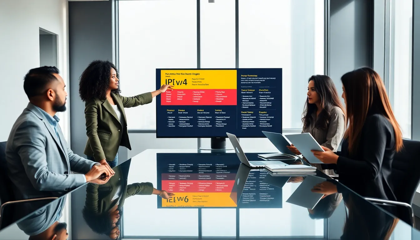 diverse tech team discussing IP addresses in a modern office.