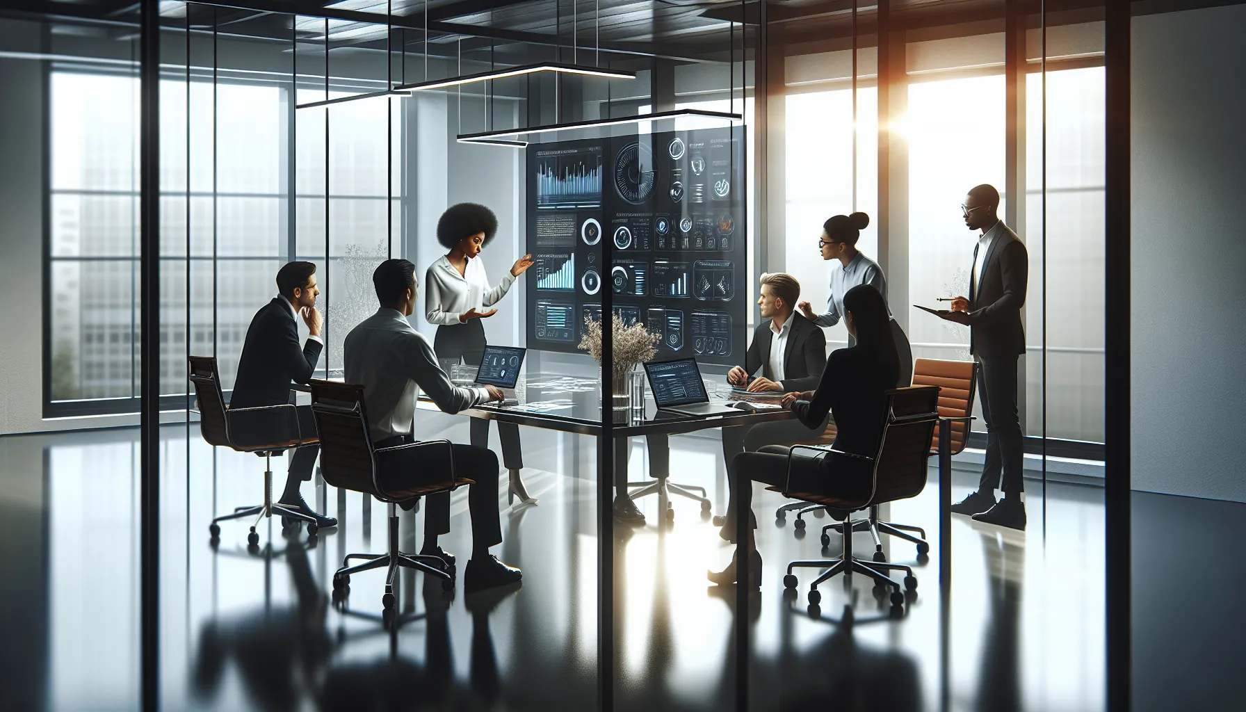 IT professionals discussing software updates in a modern office.