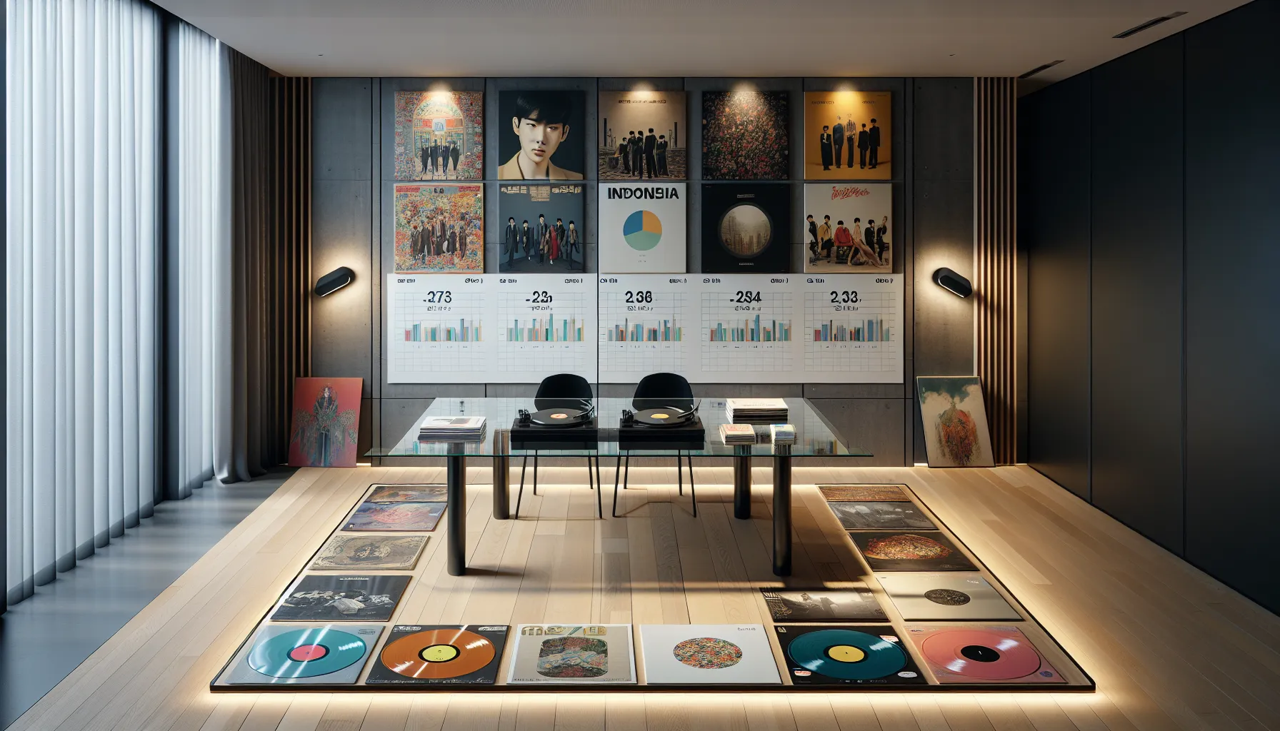 vinyl records comparison between Korea and Indonesia in a modern workspace.
