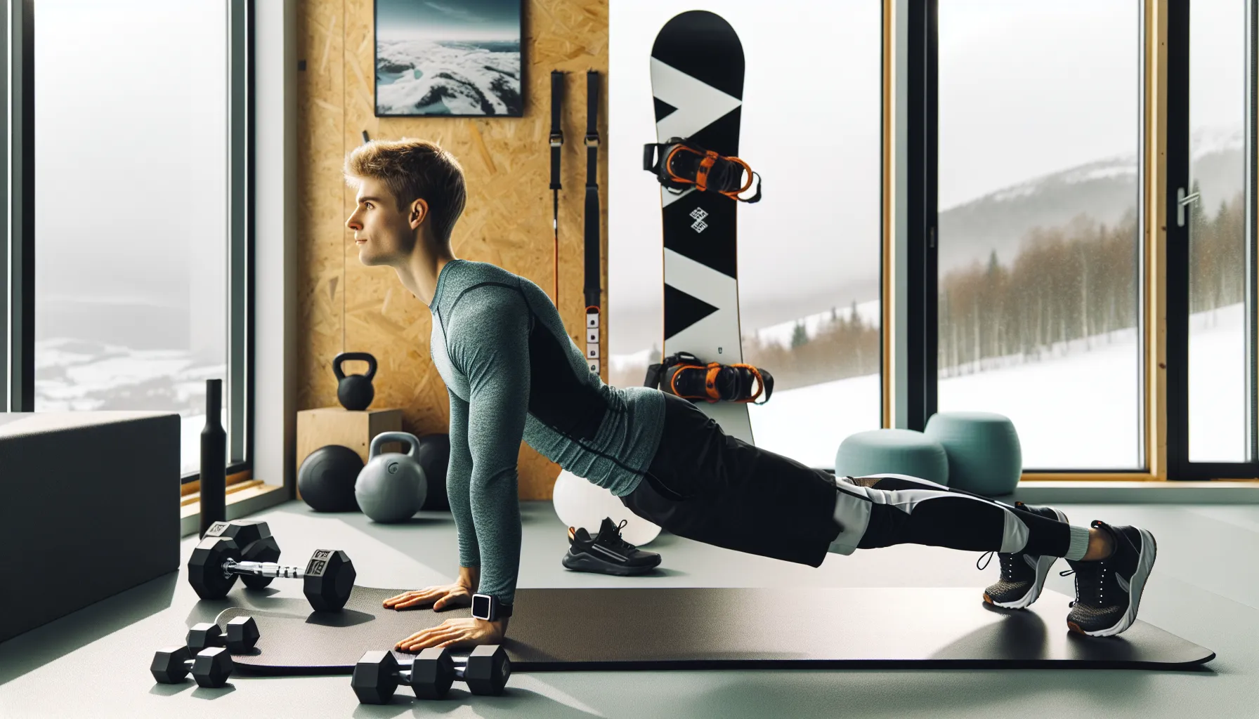Hvordan trene for å bli en bedre snowboarder 3 Snowboarder in a gym doing a side plank to build core strength.