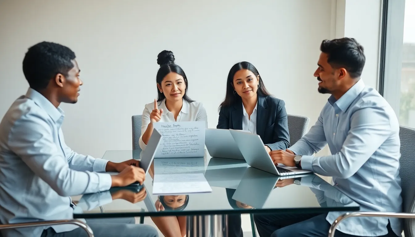 diverse professionals discussing relationship dynamics in a modern office.