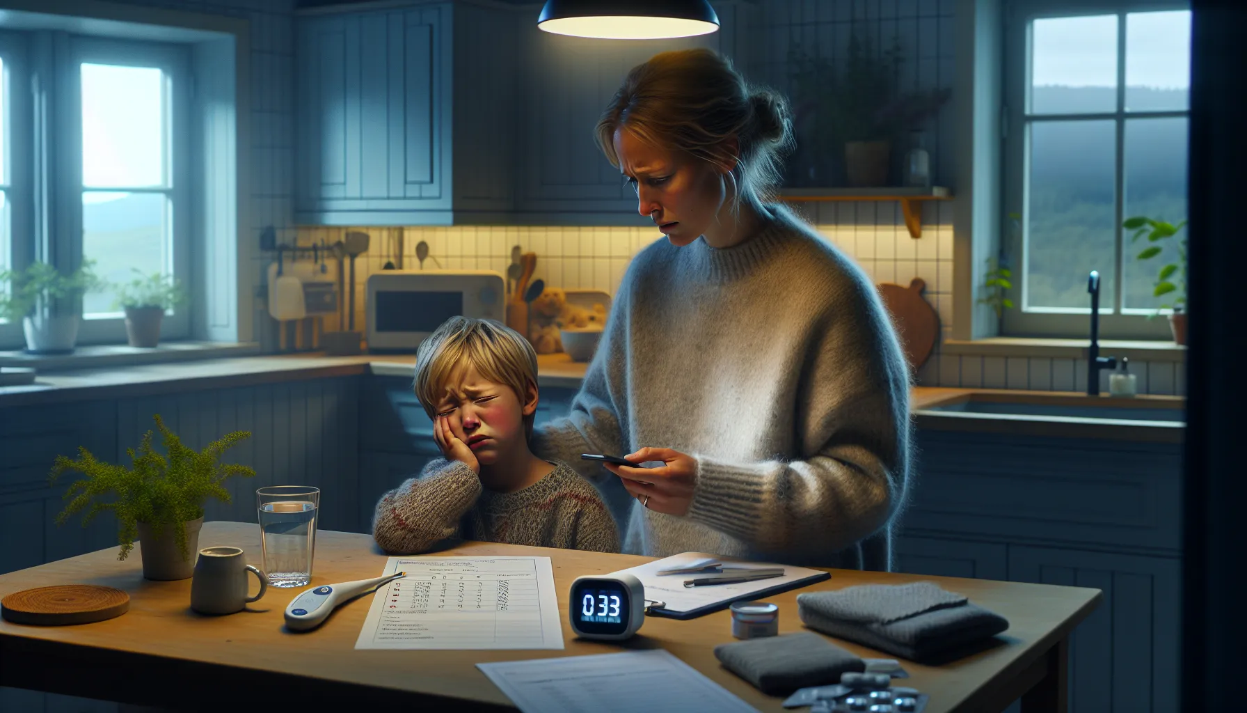 Norwegian mother checks child’s sore tooth at home with a flashlight.