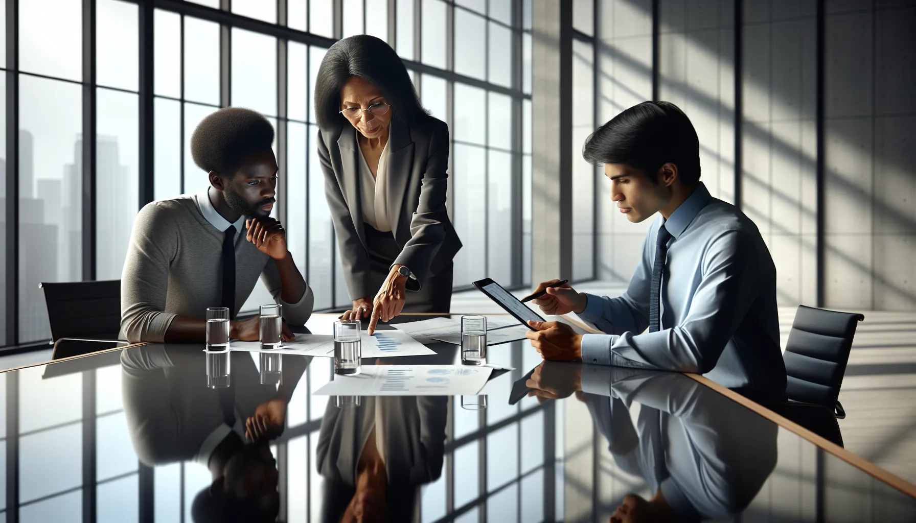 diverse professionals discussing telecommunications in a modern office.