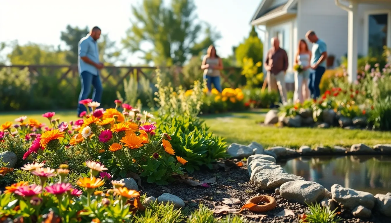 homeowners discussing garden pest management in a sunny backyard.