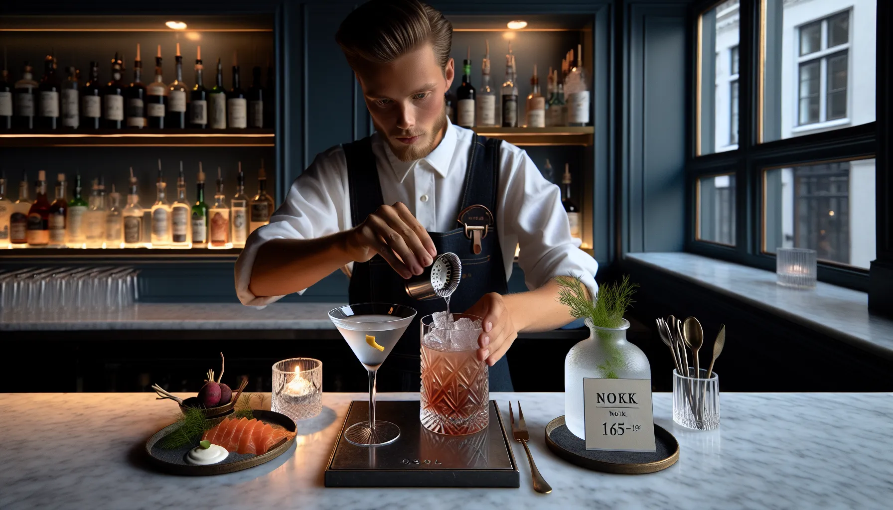 De beste stedene for cocktails og mat i oslo 2 Bartender pours a pristine martini beside nordic small plates in oslo.