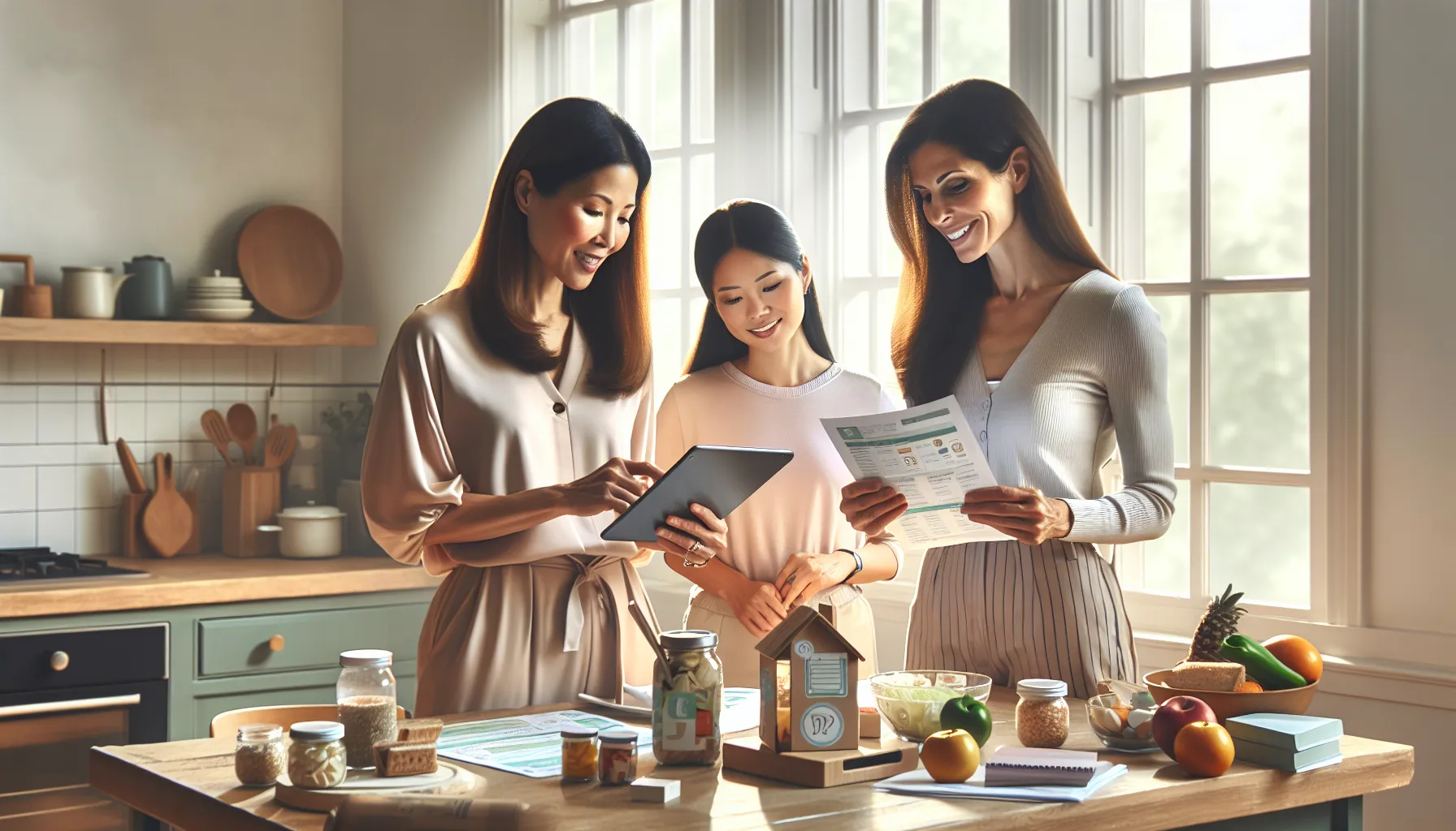 mothers sharing parenting tips in a modern kitchen.