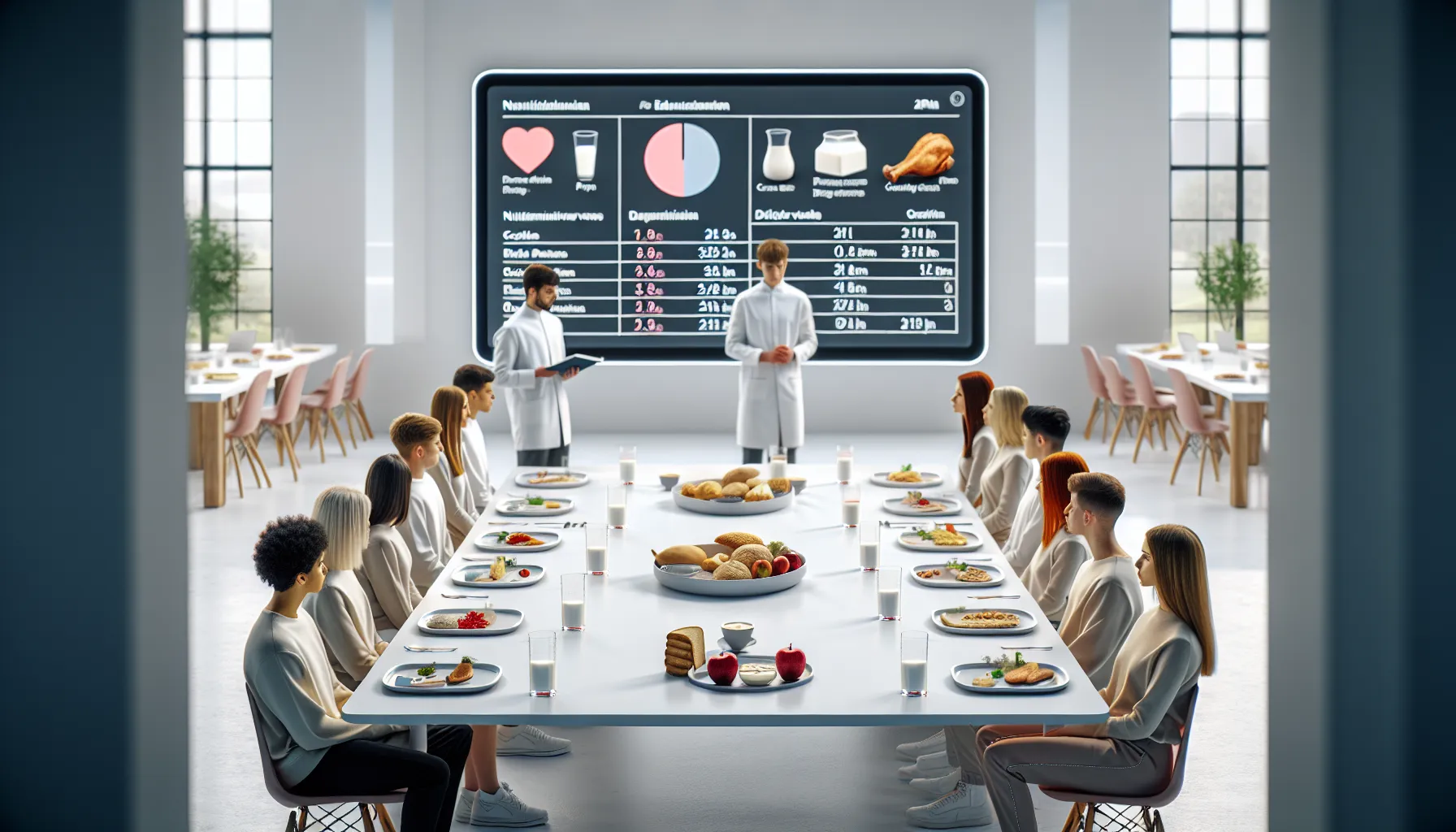 Students discuss food nutrition and calories around a modern classroom table.