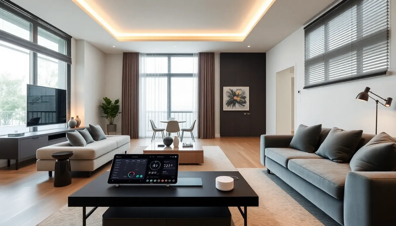 modern smart home living room with advanced technology integration.