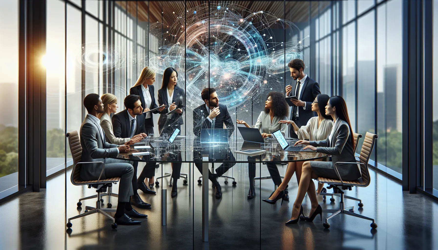 diverse team collaborating over technology in a modern office.