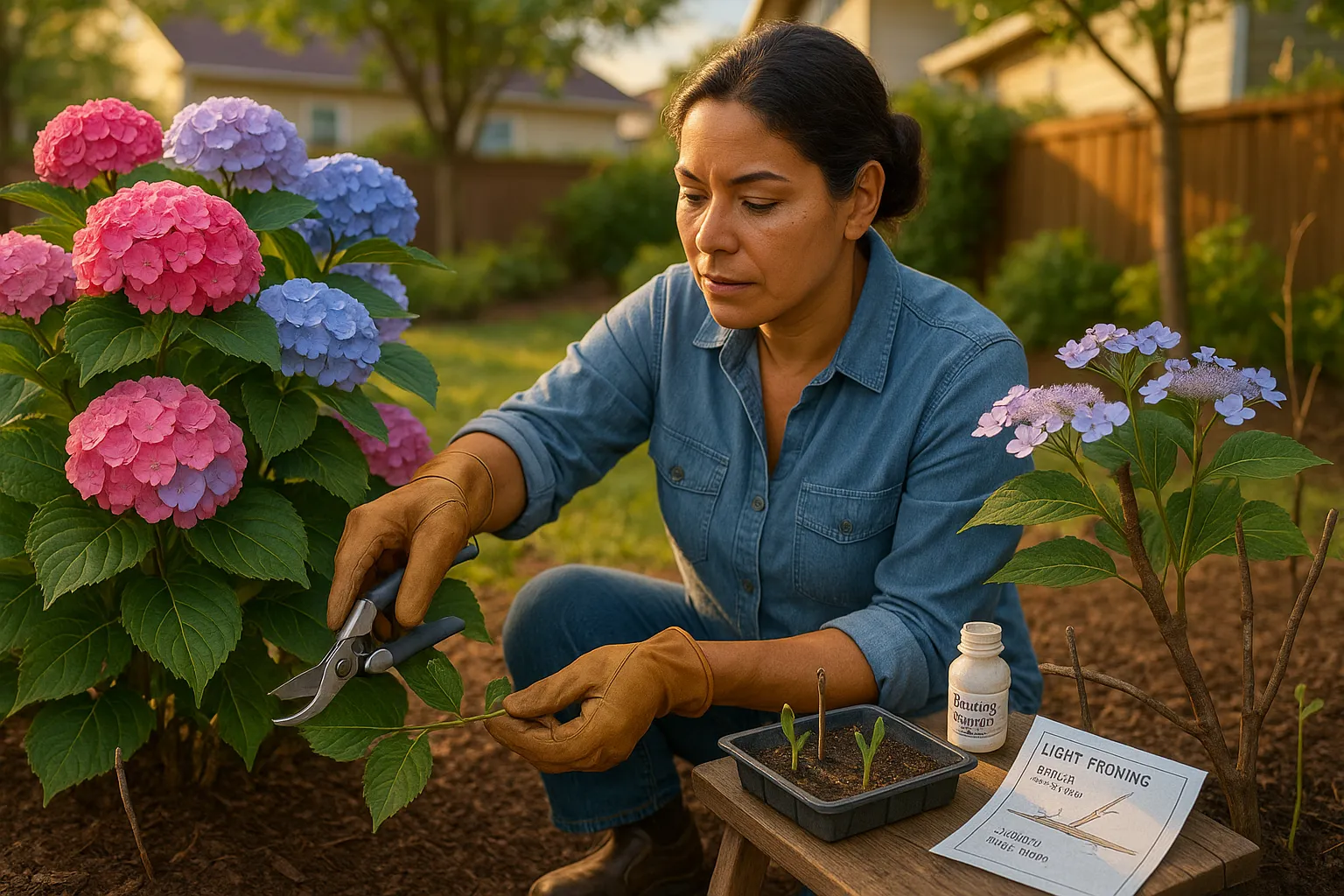 Gardener pruning a mophead hydrangea beside a lacecap, with cuttings and layering visible.