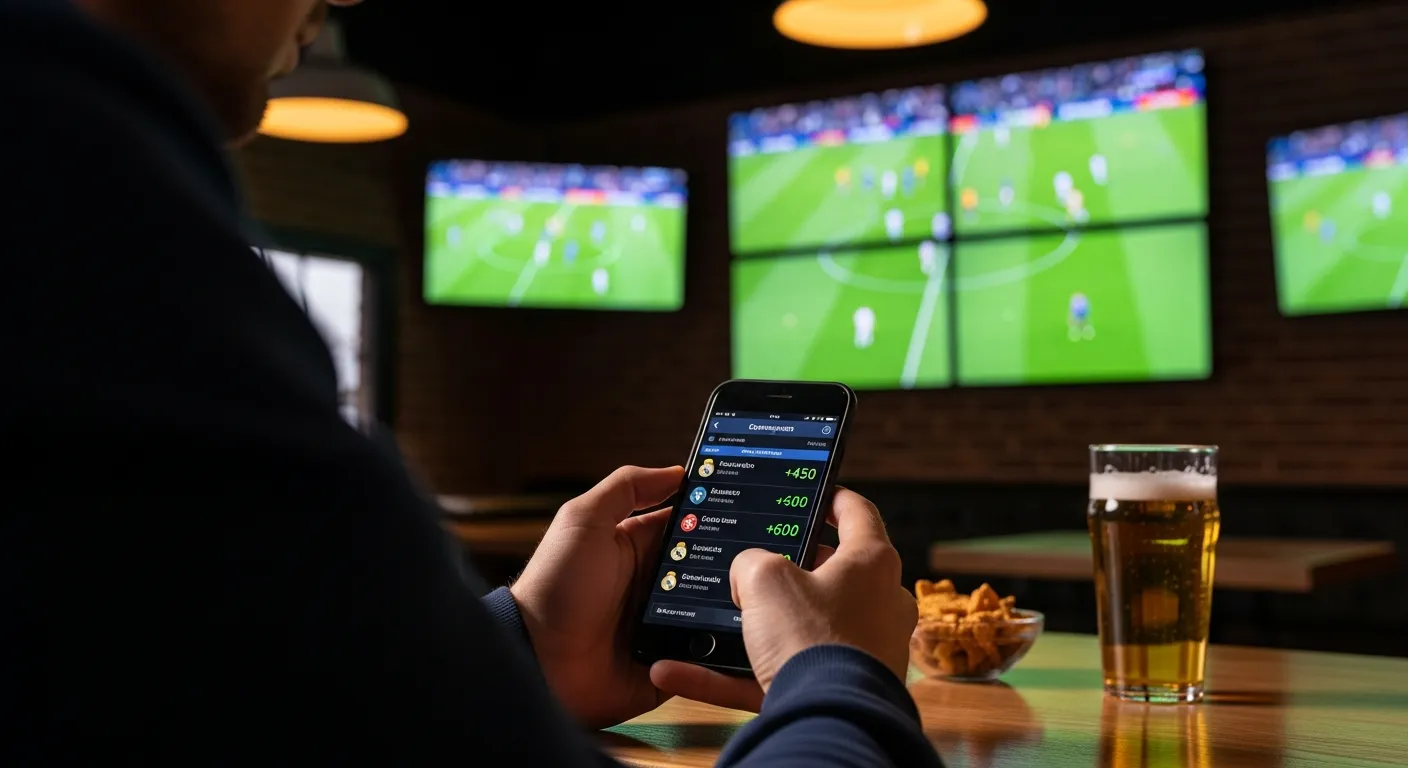 Sports bettor checking Champions League betting odds on a phone in a bar.