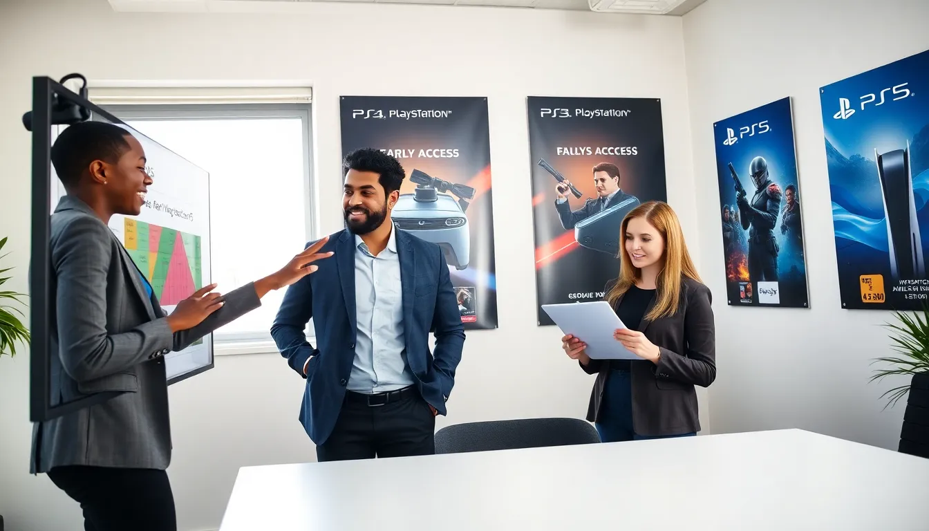 diverse team discussing early access for PS5 games in a modern office.