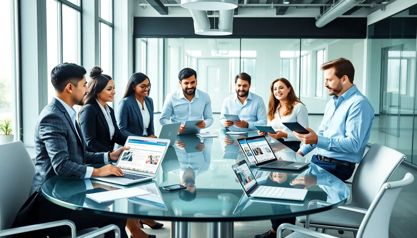 diverse team collaborating on curated digital resources in a modern office.