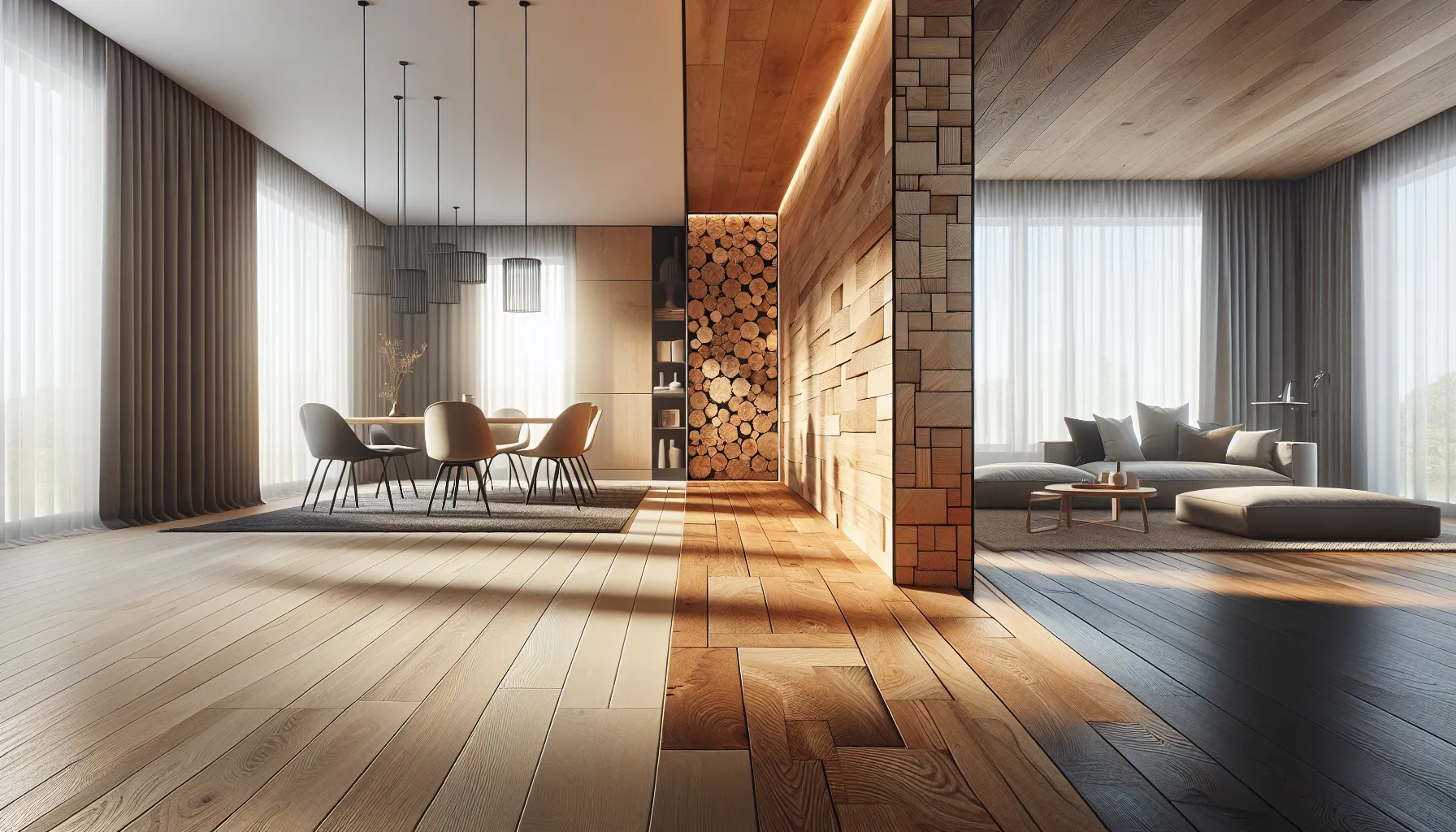 A room displaying engineered and solid hardwood flooring in a contrasting setup.