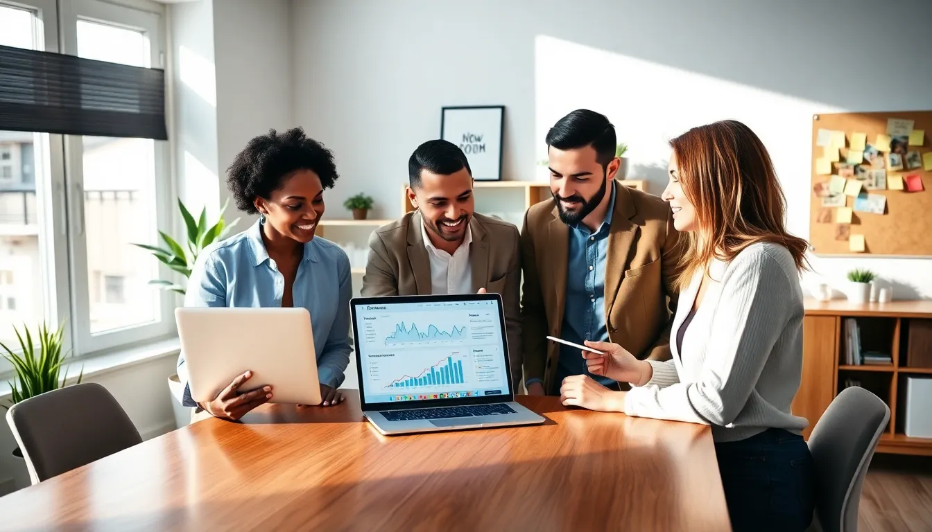 diverse team discussing digital marketing strategies in a modern office.
