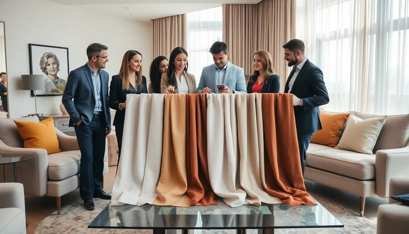 professionals discussing design decor curtains in a modern living room.