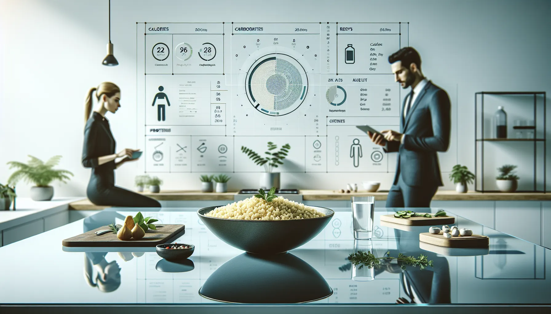 Bowl of couscous with nutrition data and professionals tracking calories.