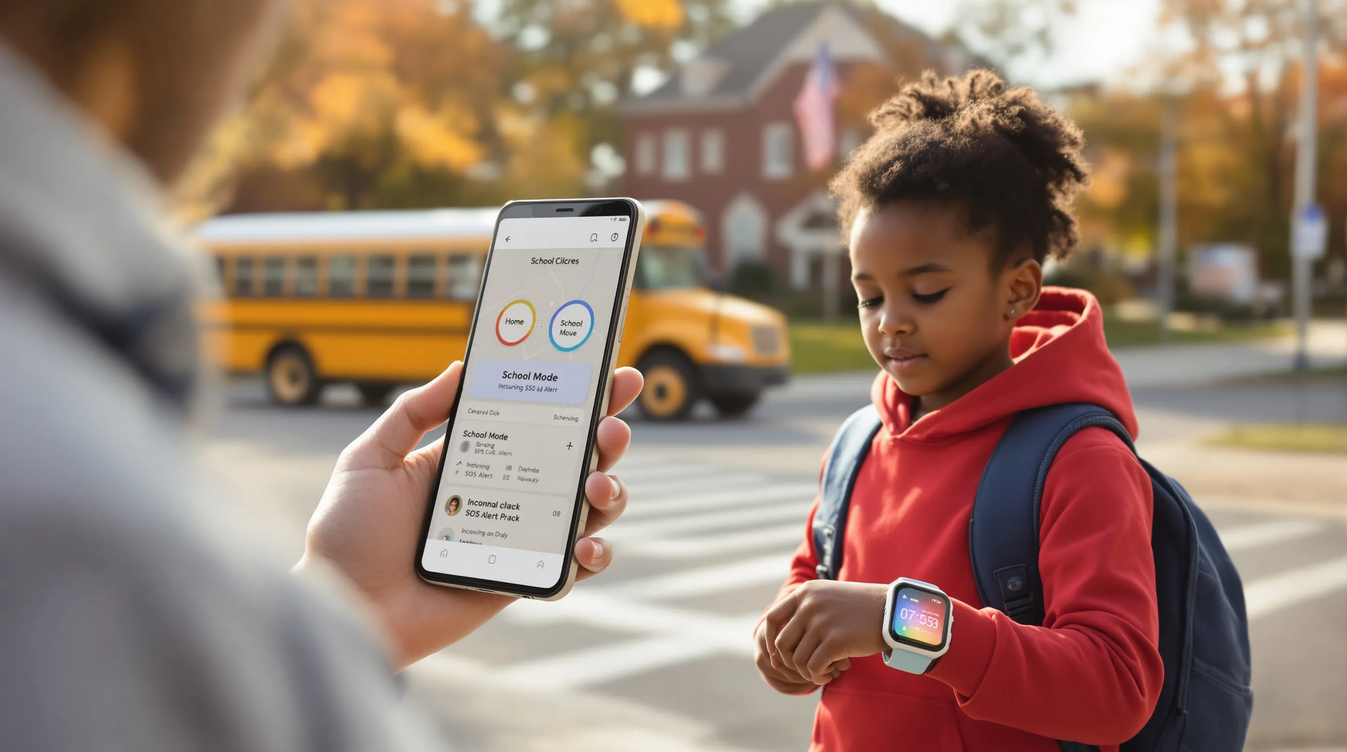 Parent checks app as child triggers SOS on GPS watch at bus stop.