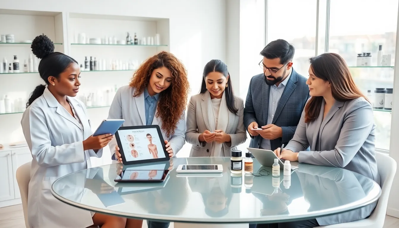 diverse team discussing skincare types with products in a modern office.