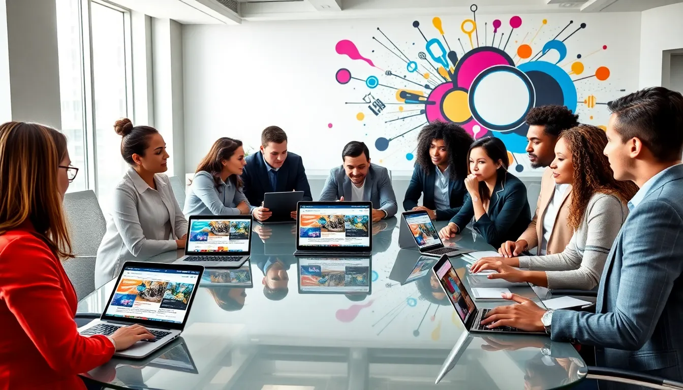diverse team discussing ideas at a modern conference table.