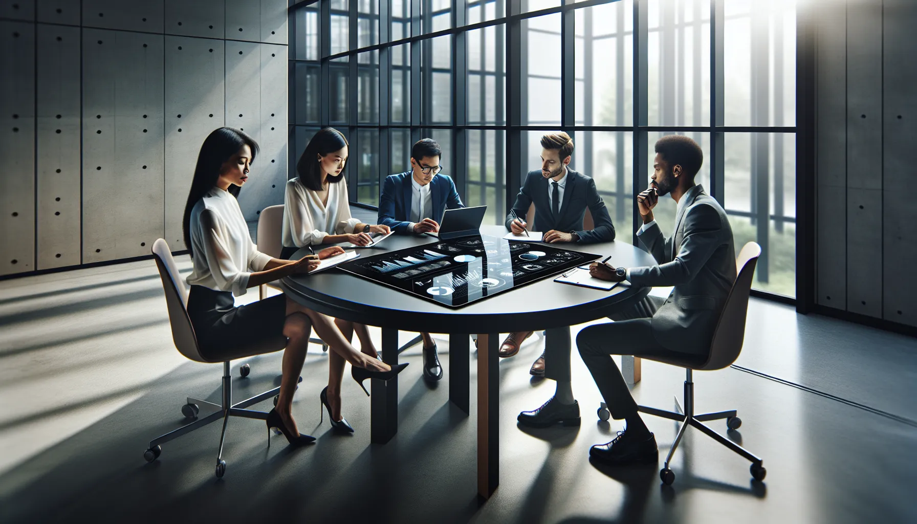 diverse professionals discussing data in a modern office.