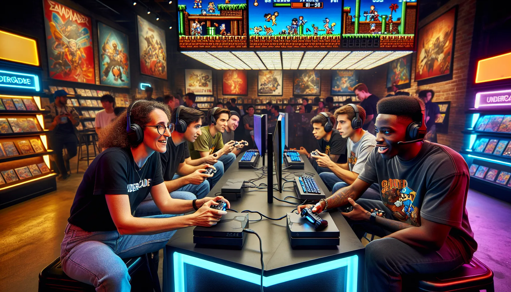 diverse gamers enjoying a modern gaming session with retro-inspired pixel art.