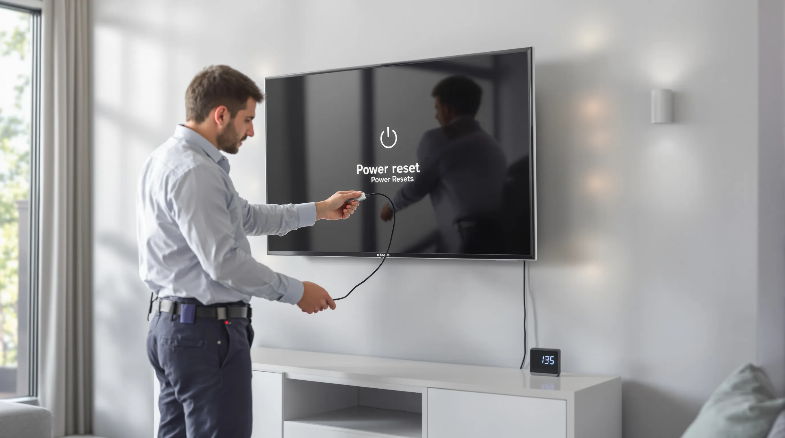 Technician unplugging TV cable from wall outlet