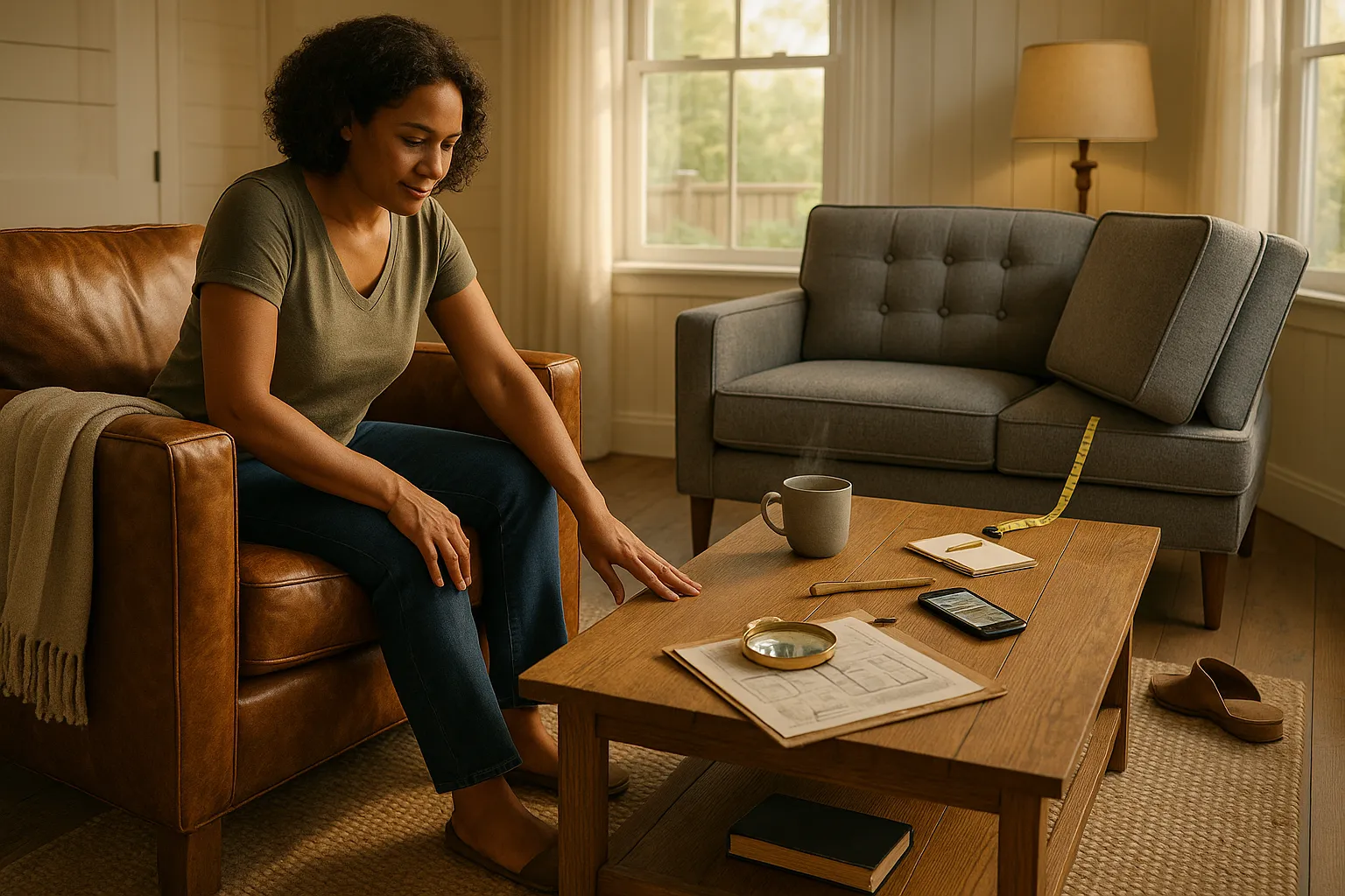 Woman testing two rustic classic chairs in a warm farmhouse living room.