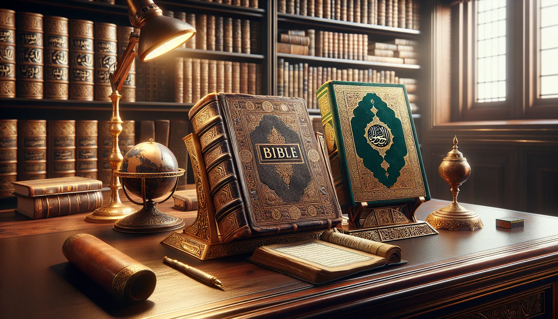 Open Hebrew Bible and Quran on a wooden table under warm light.