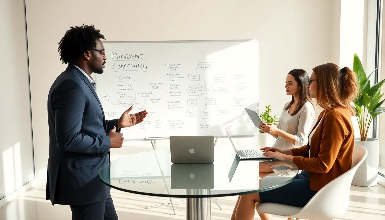 diverse professionals engaged in a mindset coaching session in a bright office.