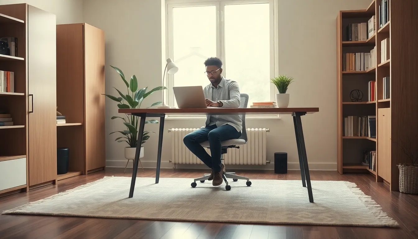 diverse professional working in a cozy home office with a stylish rug.
