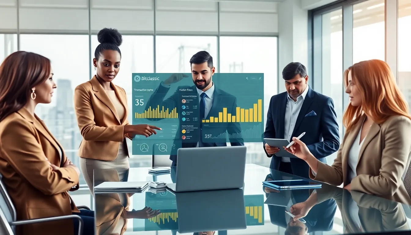 diverse team collaborating in a modern office about cryptocurrency Bitclassic.