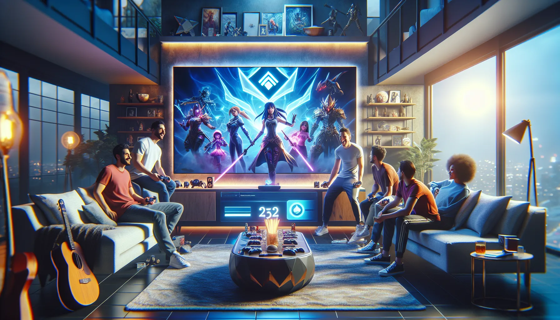 friends enjoying Hearthstone game updates in a modern living room.