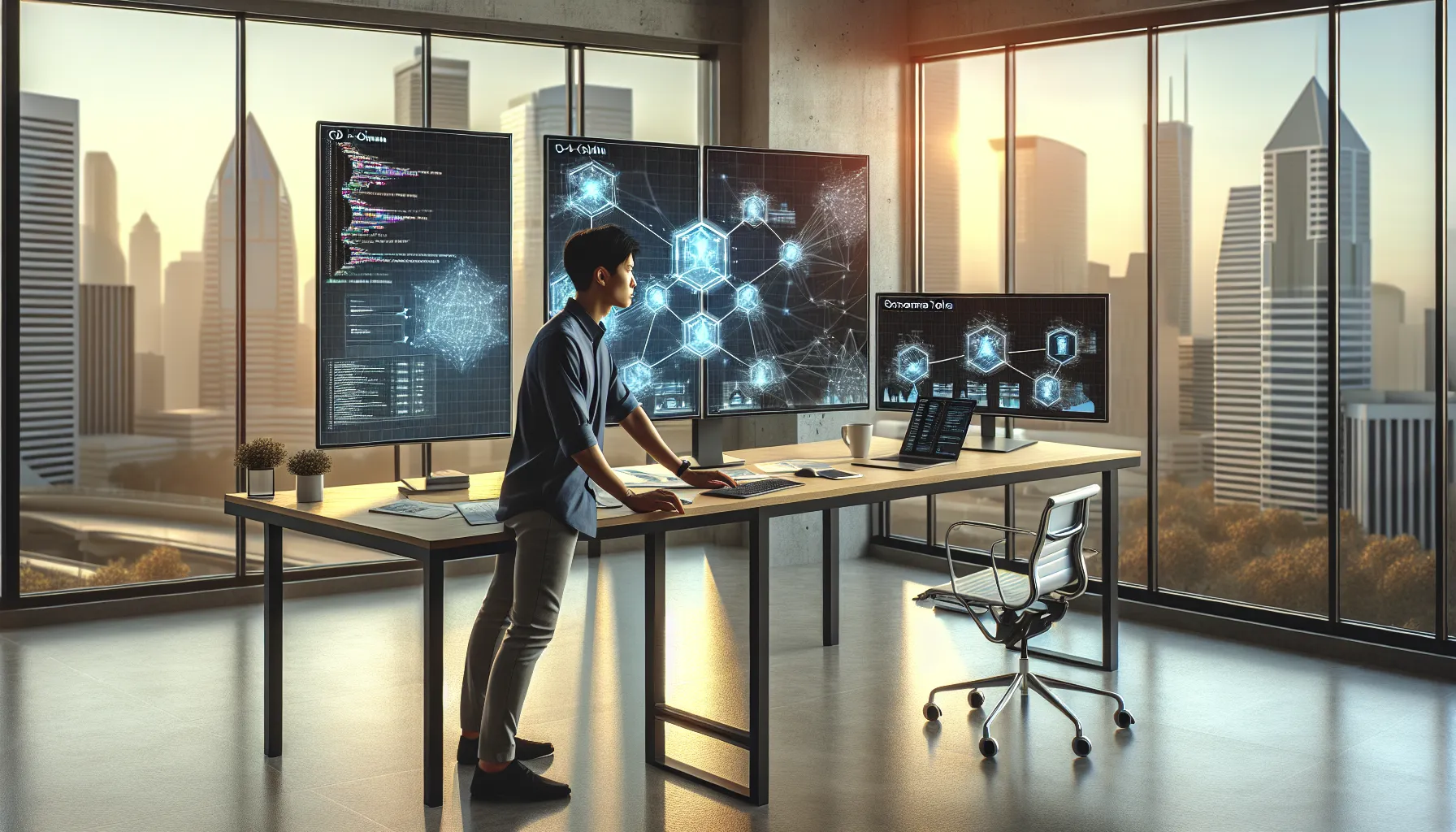 Professional working at desk with dual monitors displaying Kava blockchain DeFi lending platform interfaces.