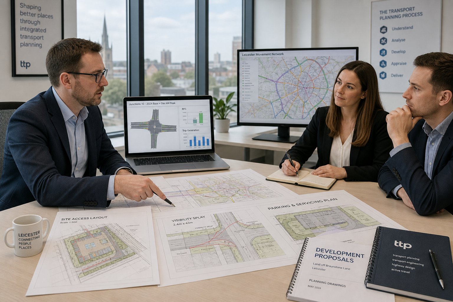 Traffic engineer reviewing Leicester development plans and transport data in a modern office.