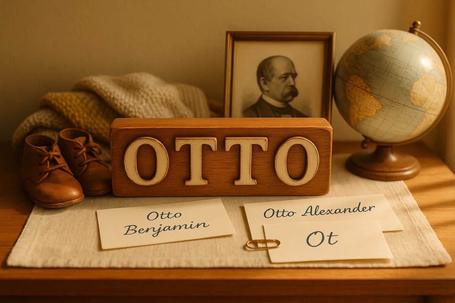 Wooden name block reading OTTO on a sunlit nursery shelf with baby items.