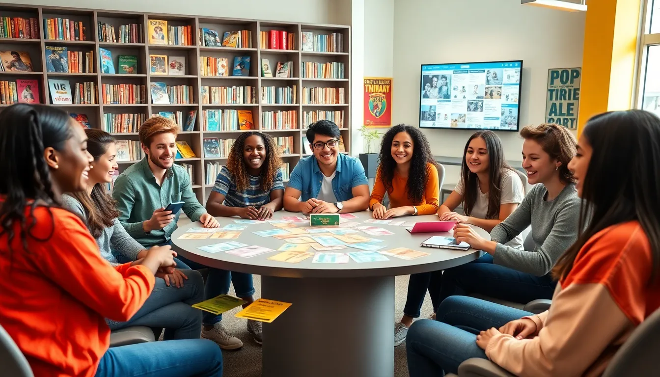 diverse teens engaging in a pop culture trivia game.