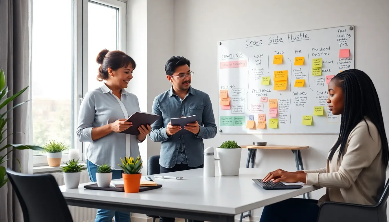 diverse team brainstorming side hustle ideas in a modern office.