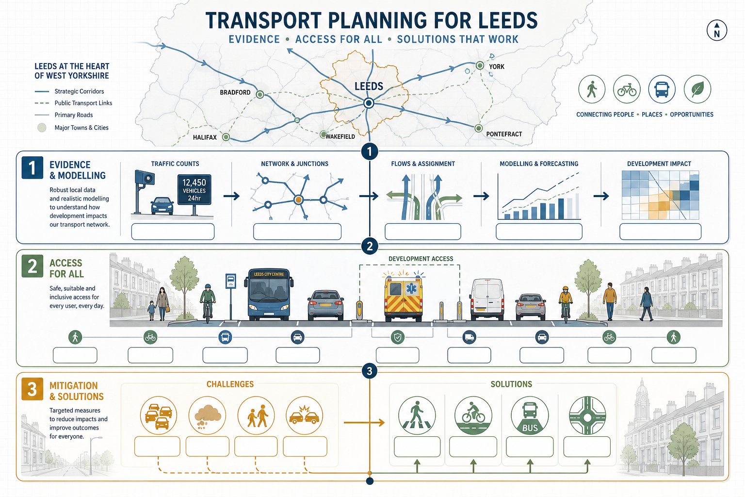 Three-part Leeds transport planning infographic showing impact, access, and mitigation.