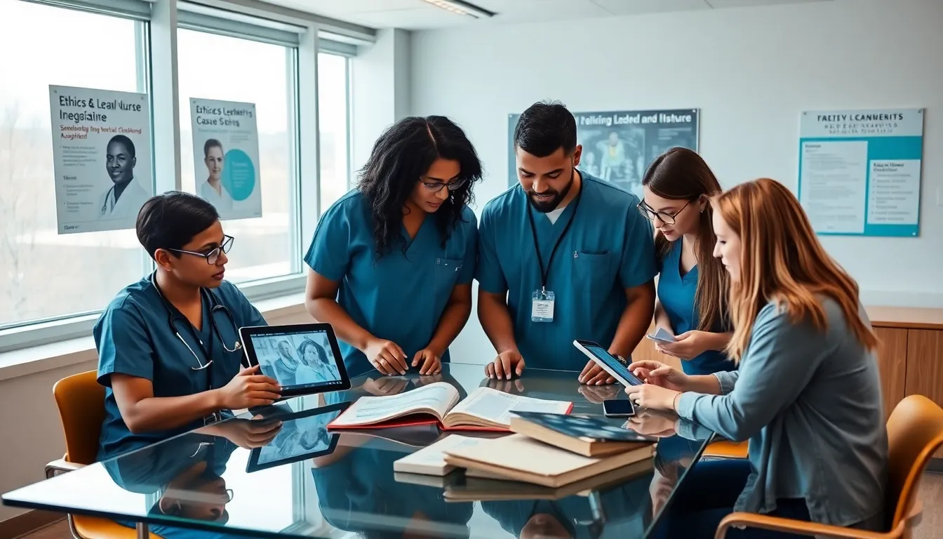 diverse nursing students collaborating in a modern classroom.