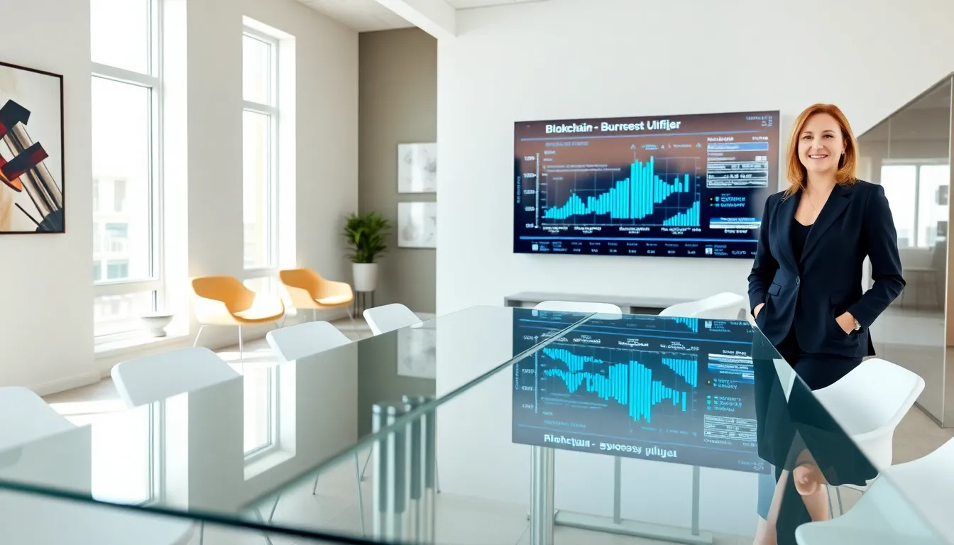 Stacy Klinger in a modern office setting discussing blockchain technology.