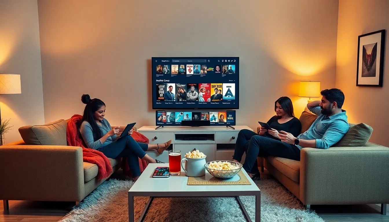 group enjoying movies in a cozy living room setting.