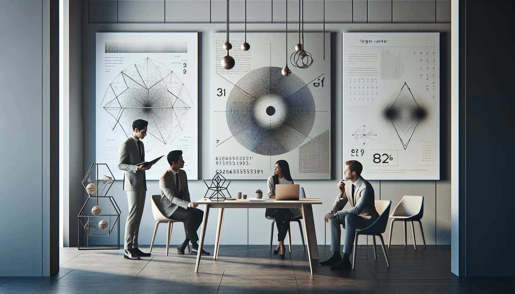 diverse professionals discussing the significance of a number in a modern office.